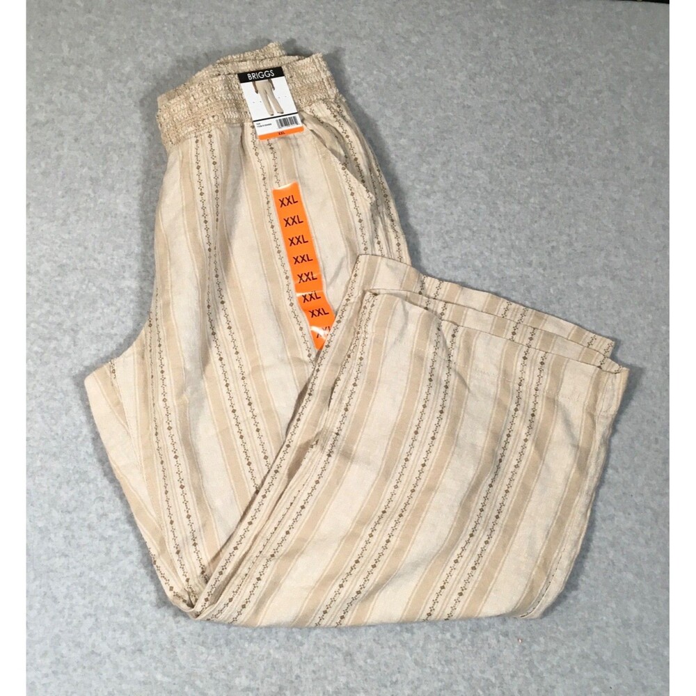 New Briggs Women's Size XXL Tan Linen Blend Elastic Waist Wide Leg Pull On Pants
